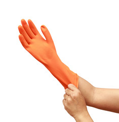 Hand wear plastic glove isolated on white background