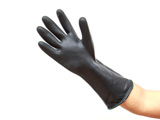 Hand wear plastic glove isolated on white background