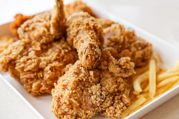 Fried chicken with chili sauce and tomato sauce