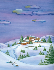 Winter Watercolor landscape with houses among the mountains.