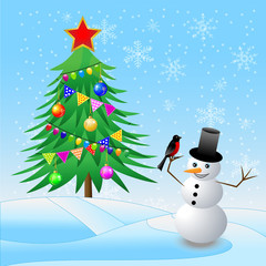 decorated christmas tree and snow man with a bullfinch