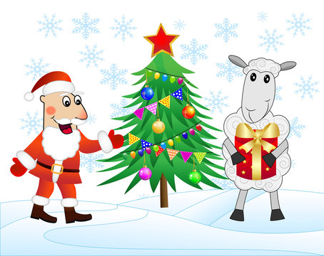 Santa claus, sheep and christmas tree