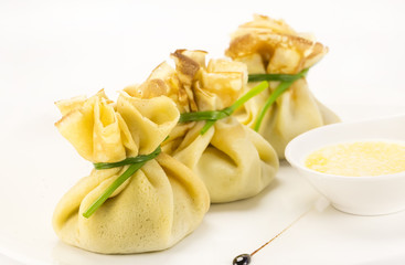 pancakes with meat on a table in a restaurant