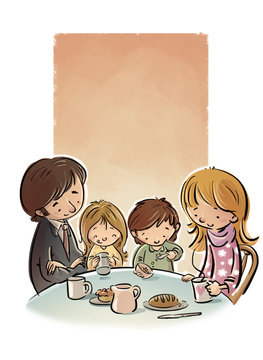 familia desayunando