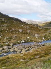 A landscape of the snowy mountains above Thredbo