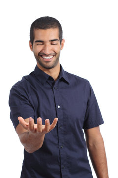 Arab happy man holding something blank in his hand