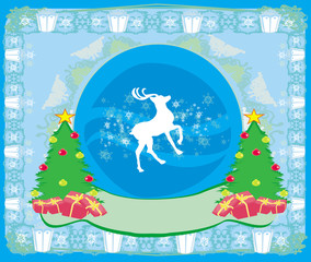 Merry Christmas card with snowflakes and reindeer
