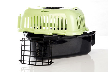 open pet carrier isolated on white background