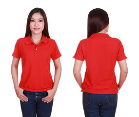 set of blank polo shirt (front, back) on woman isolated on white
