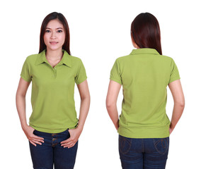 set of blank polo shirt (front, back) on woman isolated on white