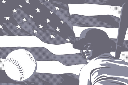 Baseball player hitting and American flag