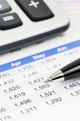 Finance report analysis with pen, and calculator