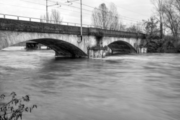 Ticino River during a winter flood. BW image