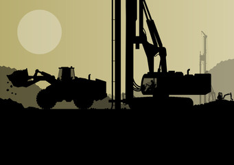 Hydraulic pile drilling machines, tractors and workers digging a