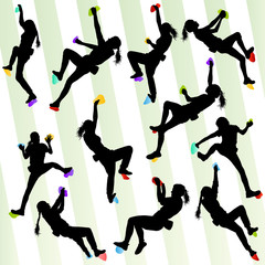 Girl climbing rock wall set vector background concept