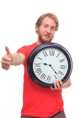 Bearded happy man holding lock and showing OK