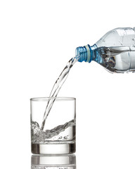 Cold water bottle pour water to glass on white