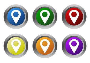Set of rounded colorful buttons with markers on maps