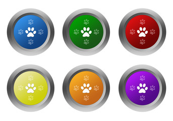 Set of rounded colorful buttons with pet footprints symbol