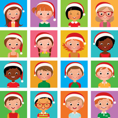 Icon set portraits of boys and girls in the Santa hat
