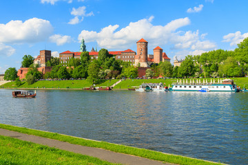 Fototapeta Tourist boats on Vistula river and Wawel Castle, Krakow, Poland obraz