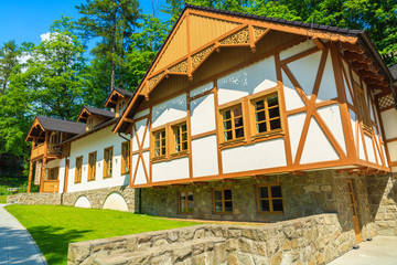 Park with historic buildings in Szczawnica town, Pieniny, Poland