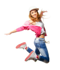 Hip hop dancer jumping high in the air isolated on white background