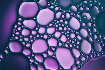 purple drops of oil and air bubbles on the water