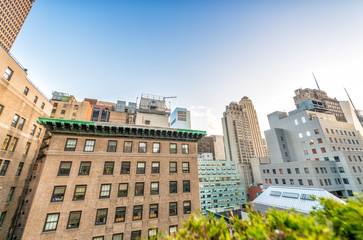 Buildings and roof garden in Manhattan. Amazing view at sunset i