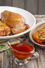 Honey and pepper red marinade in glass gravy boat