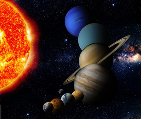 The sun and nine planets of our system orbiting