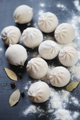 Close-up of raw georgian traditional khinkali, studio shot