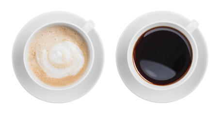 Panele Szklane Podświetlane  cappuccino i czarna filiżanka kawy espresso widok z góry na białym tle
