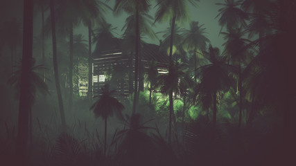 Abgelegene alte Holzhütte im Palmendschungel bei Nacht.