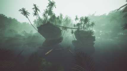 Wooden kayaks on misty lake in jungle with palms. Backlit.