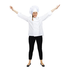 Young professional chef woman. Isolated over white background