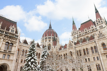 facade of parliament winter day, Budapest
