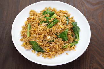 Chinese fried rice with pork and green leek vegetable