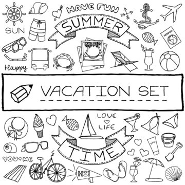 Hand drawn vacation icons set