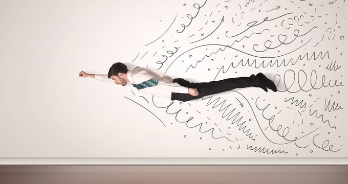 Business man flying with hand drawn lines comming out