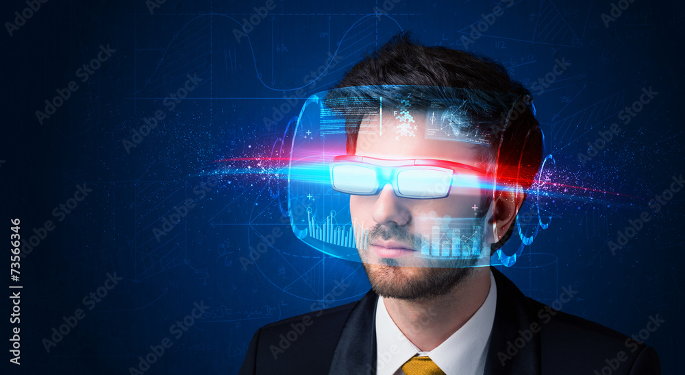 Poster man with future high tech smart glasses