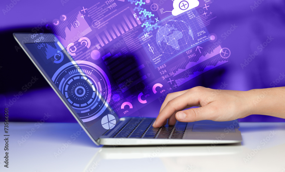 Poster Modern notebook computer with future technology symbols