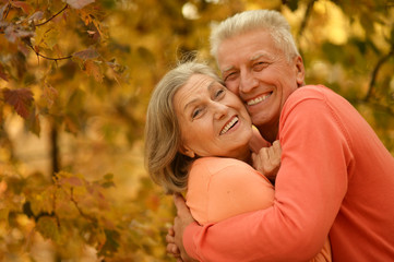 Fototapeta premium Old couple posing at autumn park