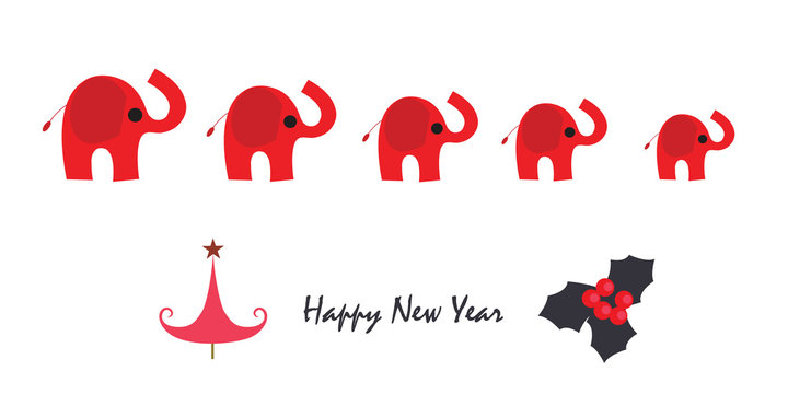 Happy new year  greeting card with elephant and tree