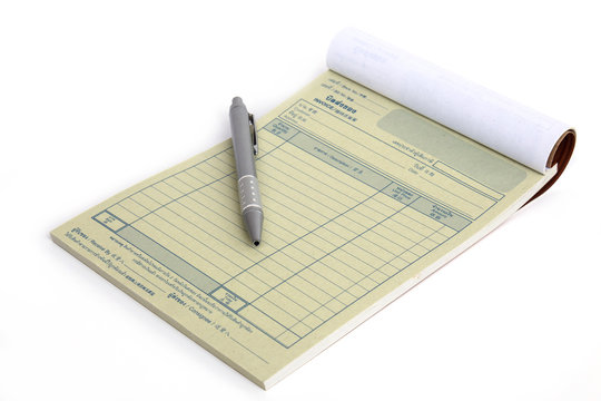 Invoice Book With Open Blank Page And Pen