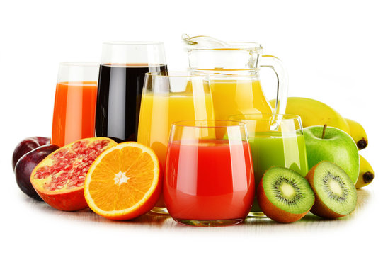 Glasses Of Assorted Fruit Juices Isolated On White. Detox Diet