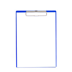 Blue clipboard with blank paper sheet isolated on white backgrou