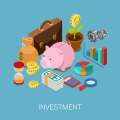 Flat 3d isometric investment savings finance web infographic