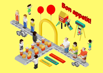 Flat 3d isometric fast food, burger and fries web infographic