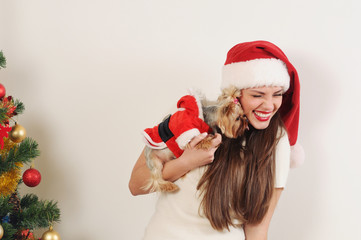 cute funny woman in Santa hat with toy terrier near Christmas tr